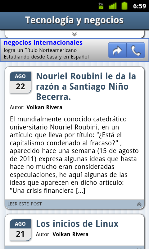 Diseño del blog visto desde Android